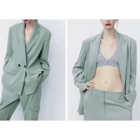 Zara Double Breasted Soft Oversized Blazer Jacket Light Green Shoulder Pads - Picture 7 of 13